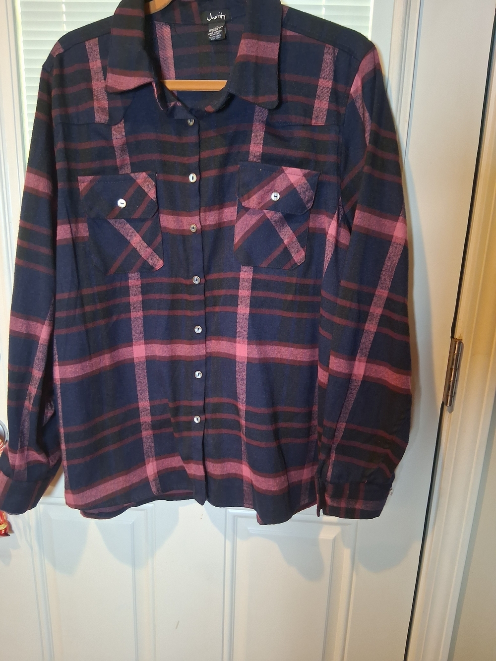 Justify Women's Navy , Burgundy Pink Plaid Button-Up Shirt Plus Size 1x